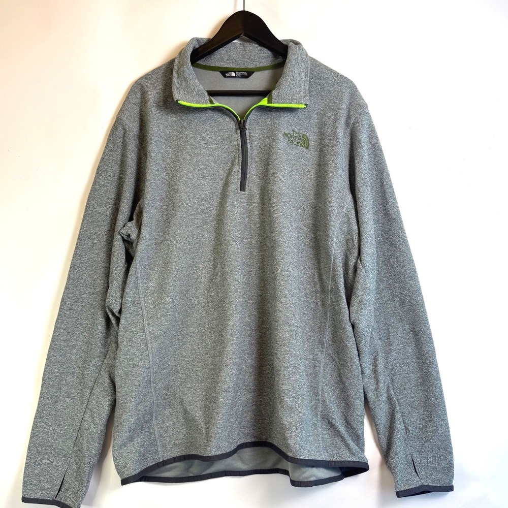 The North Face Mens XL Quarter Zip Pullover Grey Heather Lime Green Thumbholes